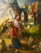 Windmill background, with girl holding a basket. Friendly dragon stealing fruit.