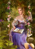 Garden scene of blonde girl sitting on the floral swing, with the book in the lap...