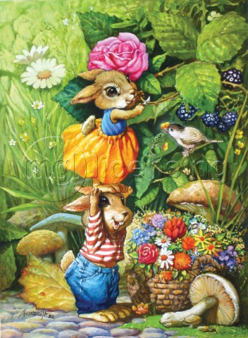 Rabbits picking flowers