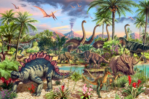 A group of dinosaurs gather around a watering hole