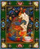 A fanciful stylized colorful cat set inside an elborate floral style border.