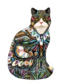 A shaped cat filled with jewels, feathers an fabrics.
