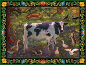 Whimsical scene of a Cow with a body map of the world and farm friends.