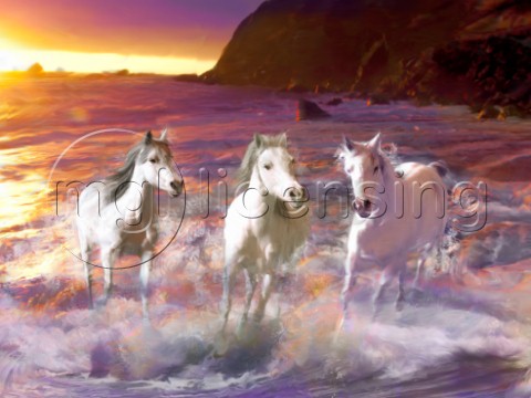 Sunset Wave Horses Galloping