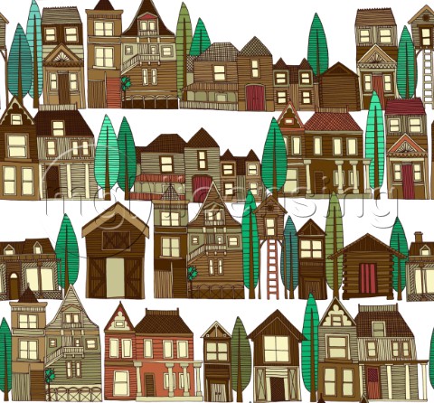 repeating pattern  illustrated wooden buildings
