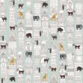 architecture plus animals on silver mint ~ repeating pattern