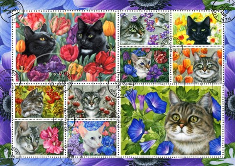 Botanical Cat Stamp Collection blue