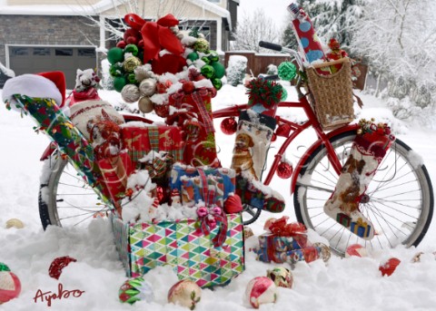 4999Christmas Presents and  red Bicycle on Snow