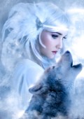 A beautiful snow maiden and her wolf guide