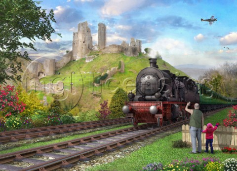 Train approaching the station by Corfe Castle