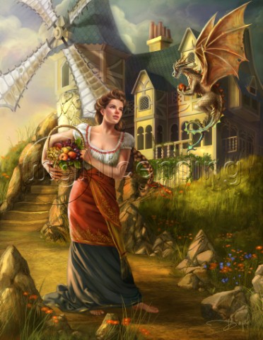 Windmill background with girl holding a basket Friendly dragon stealing fruit