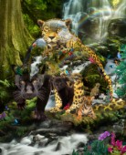 Shaped image of Black panther, Jaguars, cubs, white tiger, waterfalls, mountains, jungle