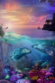 Seascape with bright colors, underwater view and sunset
