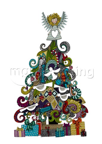 illustrated Christmas tree gifts and angel