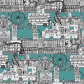 repeating pattern ~ Ink drawn illustrations ~ including The Tower of London, London Eye, Palace of Westminster, Tower Bridge, Buckingham Palace, St Pauls Cathedral, National Gallery, Globe Theatre, London Underground station, the Shard and a London bus.