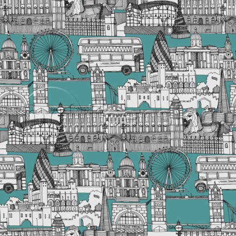 repeating pattern  Ink drawn illustrations  including The Tower of London London Eye Palace of Westm