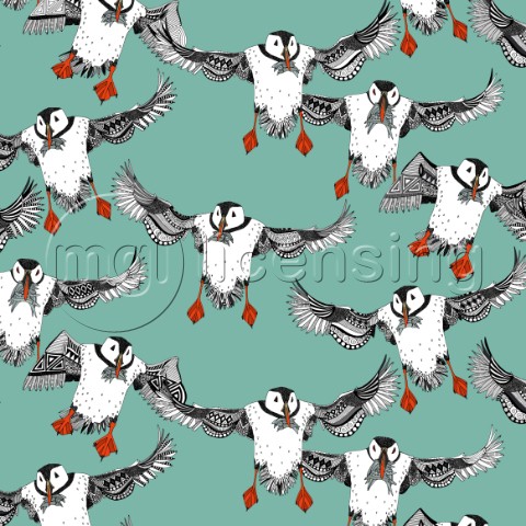 illustrated puffins with sand eels  also available as a repeating pattern