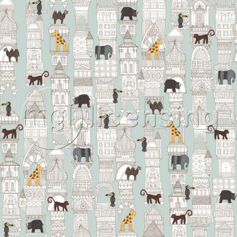 architecture plus animals on silver mint  repeating pattern