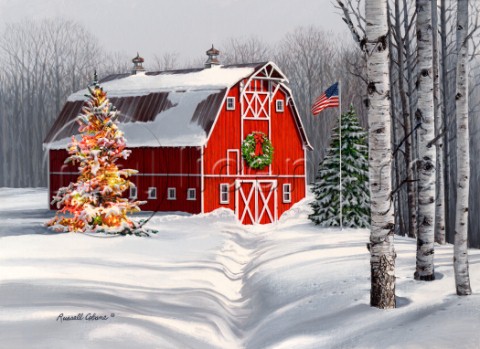 barn with christmas tree  flag