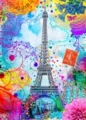 The Eiffel Tower surrounded by vibrant, colorful pop art textures and colors in collage