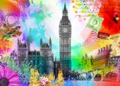 A neon vibrant pop art collage of Big Ben in London, with vintage and modern elements