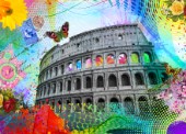 The Roman Colliseum surrounded by vibrant, colorful pop art textures and colors in collage